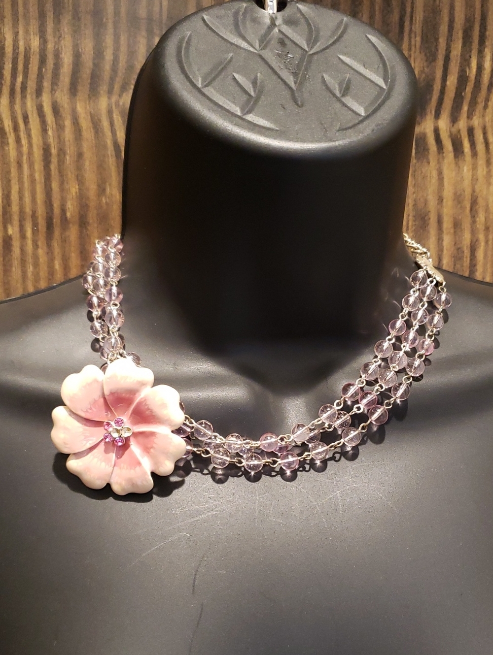 Pink Floral Bead Necklace with Gem Accent
